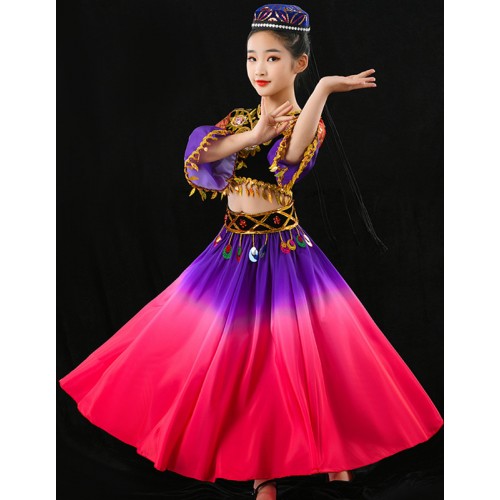 Children Chinese folk Xinjiang dance costumes for girls hui ethnic minority Kazakh Uyghur dance dresses for children